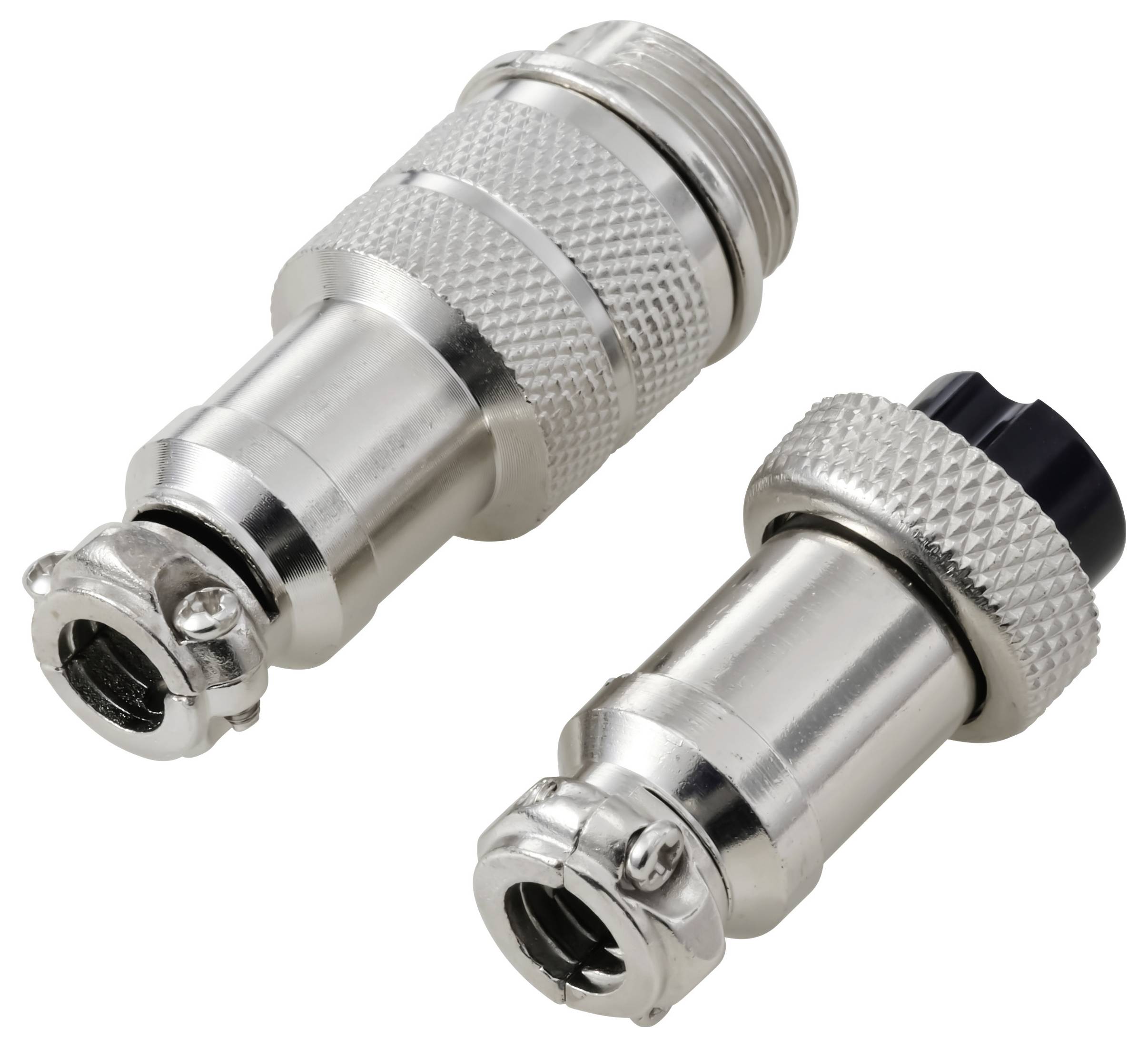 Due connettori metallici con impugnature scanalate, uno con un componente nero, progettati per l'assemblaggio di apparecchiature elettroniche o audio.