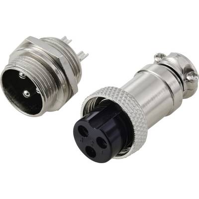 'Connettore circolare metallico a spina e presa, design a tre pin, adatto ad applicazioni industriali o elettroniche, mostrato smontato.'