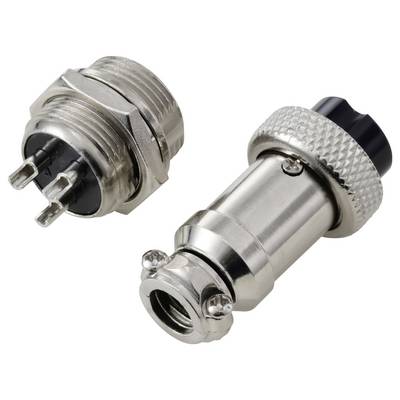 'Connettori circolari metallici con bordi scanalati e più pin, che mostrano sia componenti maschi che femmine per connessioni elettroniche.'