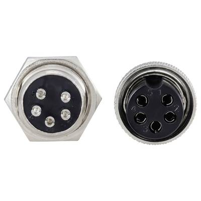 Due connettori metallici circolari, ciascuno con quattro fori per pin, mostrati frontalmente. Uno ha un involucro esagonale, l'altro ha un involucro rotondo.