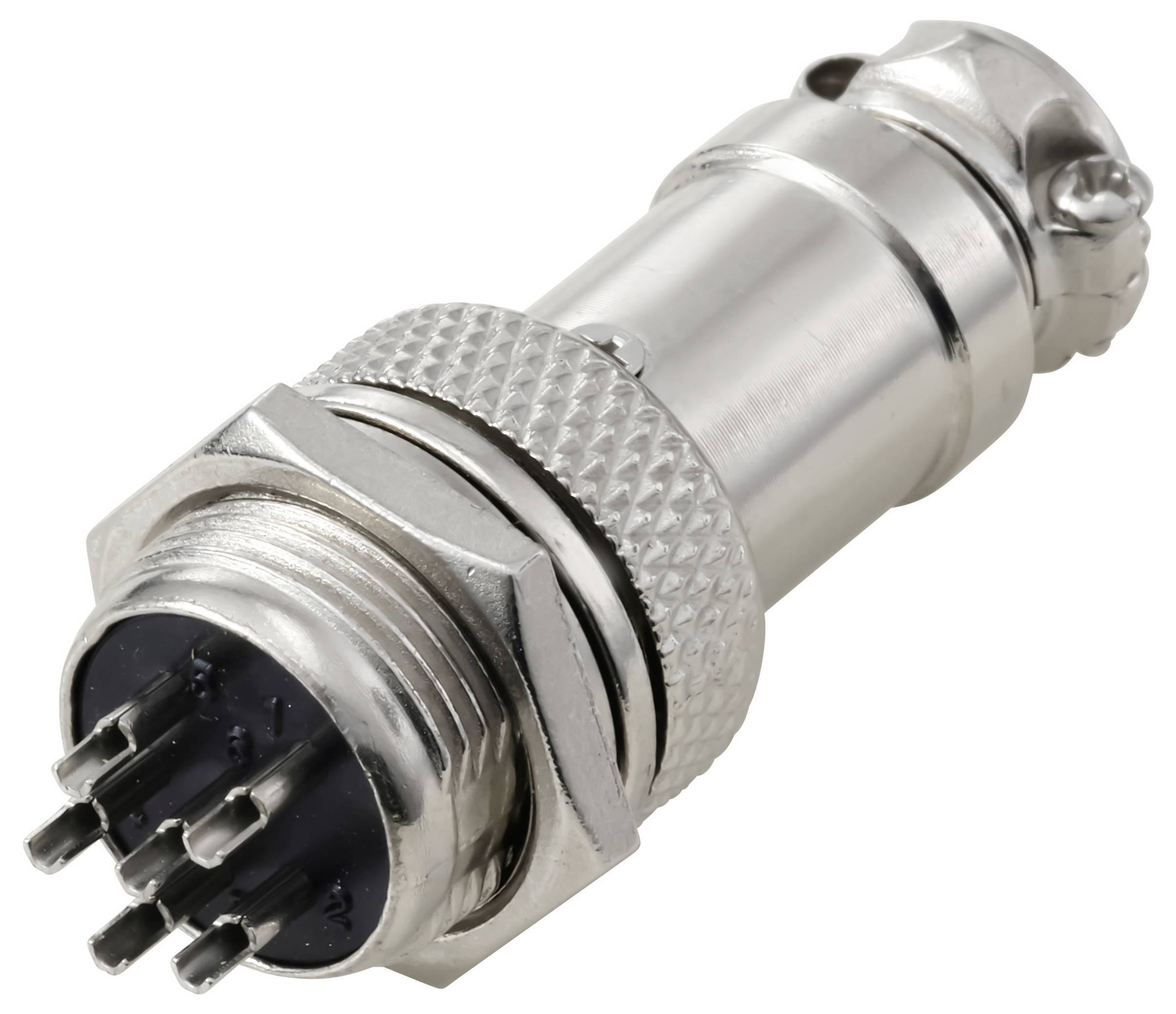 Un connettore circolare metallico multi-pin utilizzato per apparecchiature elettroniche, dotato di una presa scanalata e un meccanismo di bloccaggio per un attacco sicuro.