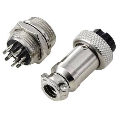 Immagine ravvicinata di un connettore elettrico metallico con più pin e una spina corrispondente. Il connettore presenta una presa zigrinata per garantire un fissaggio sicuro.