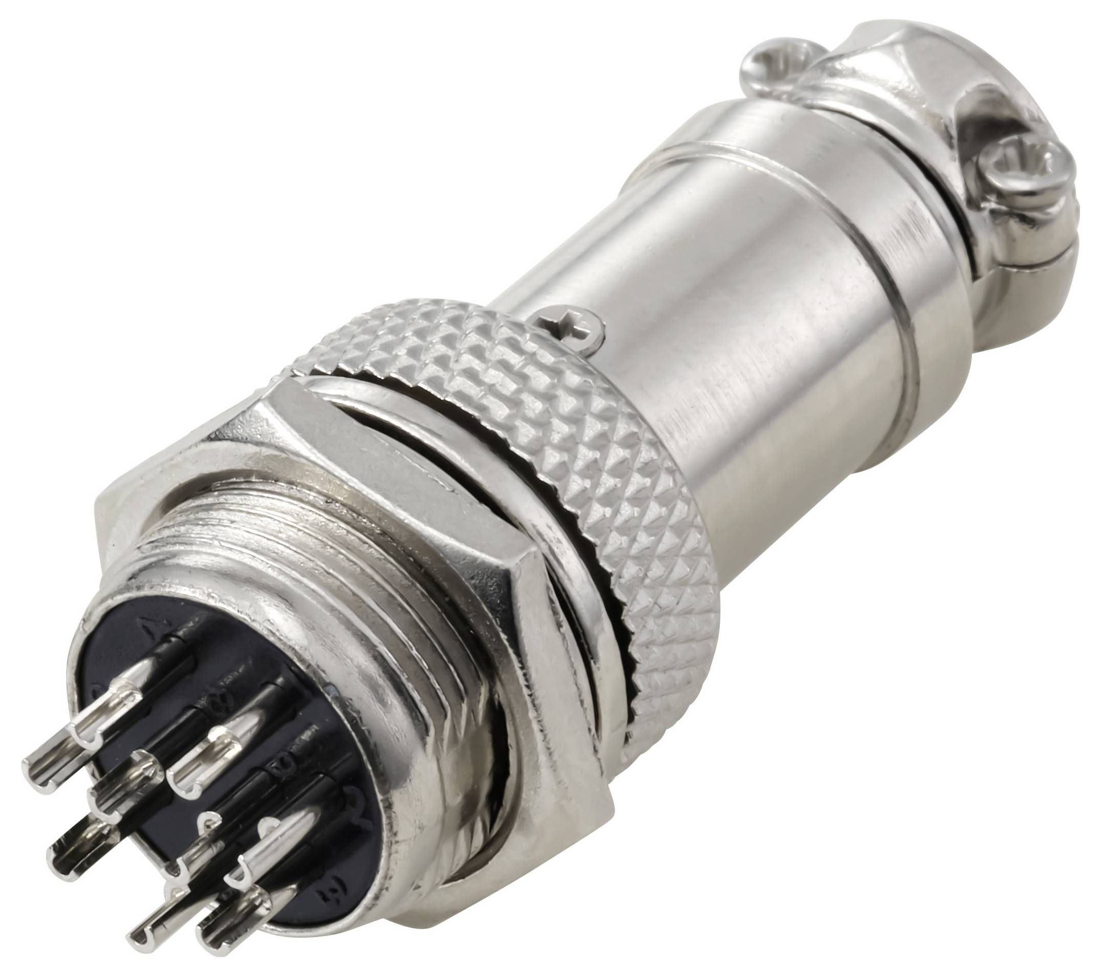 Un connettore elettrico circolare metallico multi-pin con impugnatura scanalata e viti di fissaggio.