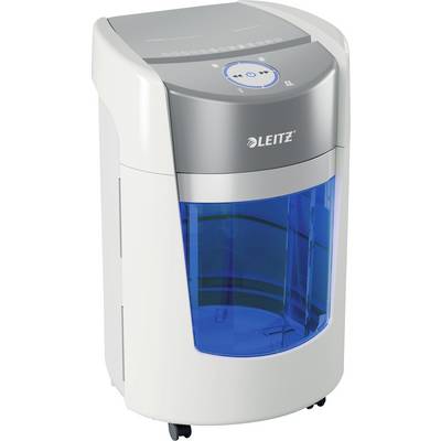 Un distruggedocumenti elettrico bianco e grigio con un cestino trasparente blu e pulsanti di controllo sulla parte superiore.