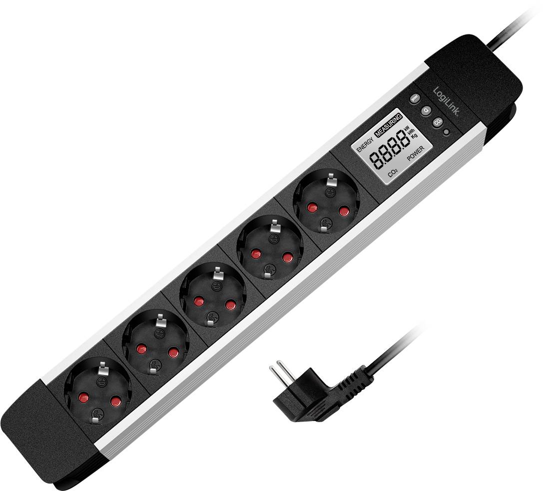 'Multipresa con sei prese nere, display digitale e spina angolata, che mostra dati di misurazione sullo schermo.'