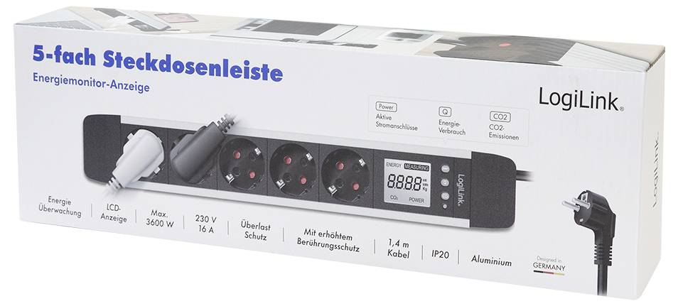 La confezione mostra una multipresa LogiLink con '5 prese multiple' e caratteristiche come protezione da sovratensione, monitoraggio energetico e cavo da 1,4 m.