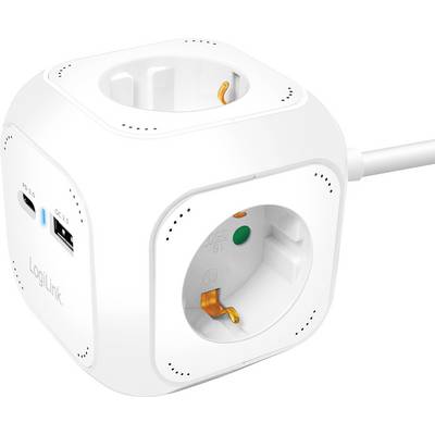 Un cubo multipresa bianco con diverse prese elettriche e porte USB, progettato per una ricarica e distribuzione di energia efficiente.