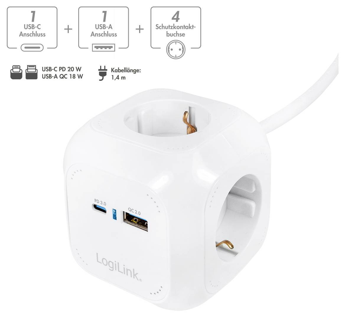 Cubo di alimentazione bianco LogiLink con tre prese e due porte USB (USB-C e USB-A). Etichettato con uscite: USB-C 20W, USB-A 18W. Lunghezza del cavo 1,4m.
