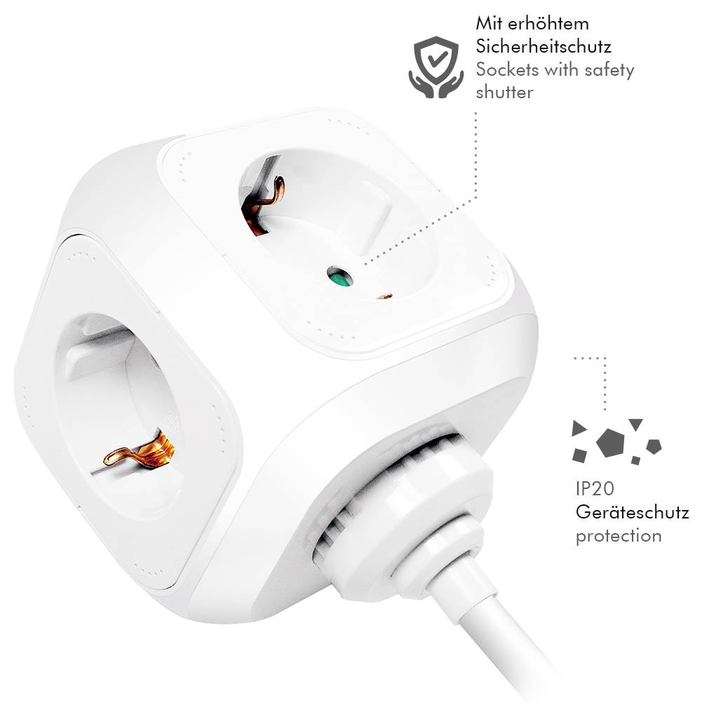Un cubetto bianco a forma di multipresa con più prese, dotato di sportelli di sicurezza e protezione IP20 per una maggiore sicurezza elettrica.