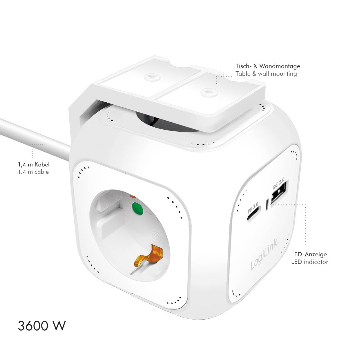 Adattatore cubo di alimentazione 'LogiLink' con porte USB, indicatore LED e cavo da 1,4 m. Per montaggio a parete e tavolo, capacità di 3600 W.