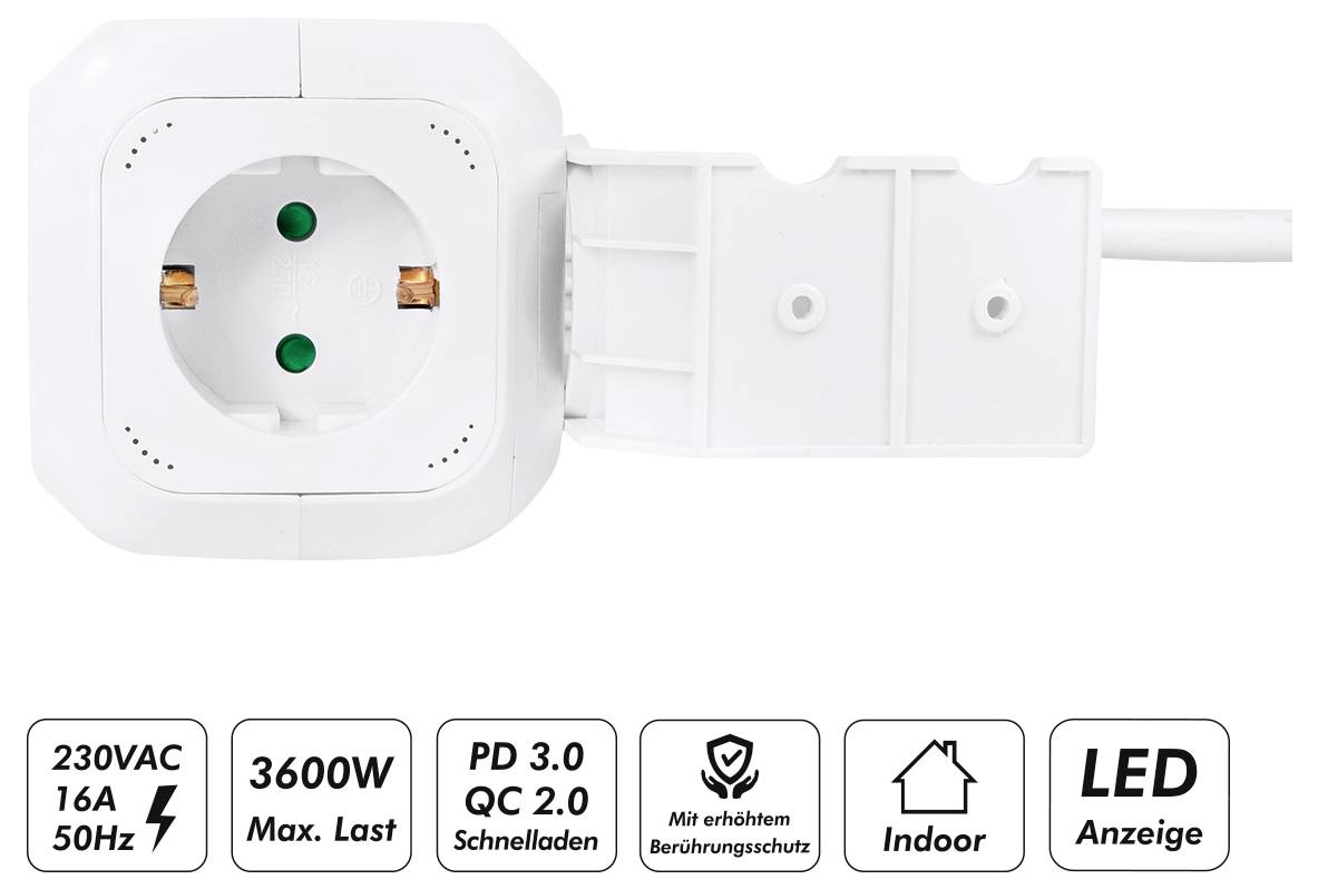 'Multipresa con 230VAC, 16A, 50Hz, carico massimo 3600W. Dotata di ricarica rapida PD 3.0, QC 2.0, protezione tattile avanzata, per uso interno, con indicatore LED.'