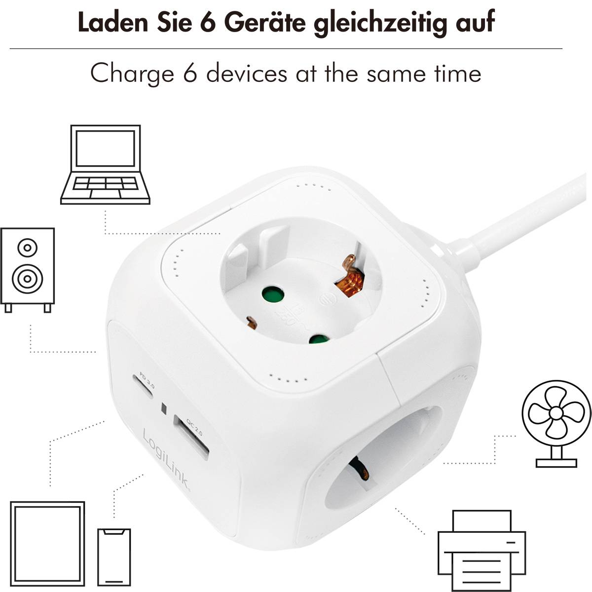 'Carica 6 dispositivi contemporaneamente' con un'immagine che mostra un adattatore multipresa con porte USB, circondato da icone di dispositivi elettronici.