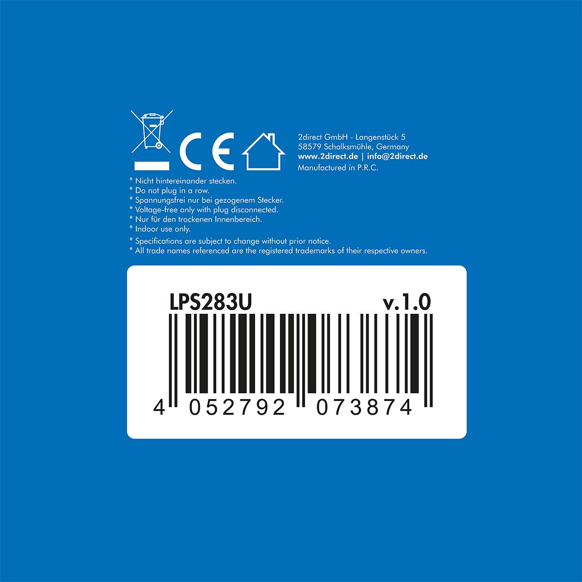 Etichetta del prodotto bianca su sfondo blu. Include un codice a barre (LPS283U v.1.0), simboli di sicurezza e dettagli di contatto dell'azienda in basso.