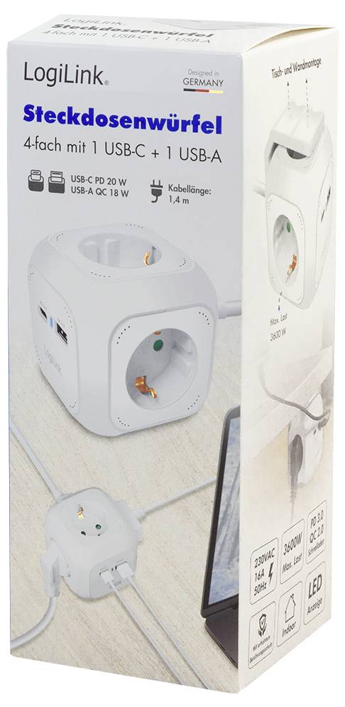 Un cubo di alimentazione bianco LogiLink con tre prese di corrente, una porta USB-C e una porta USB-A. Progettato in Germania. Lunghezza del cavo 1,4 m, adatto a dispositivi tecnologici e spazi di lavoro.