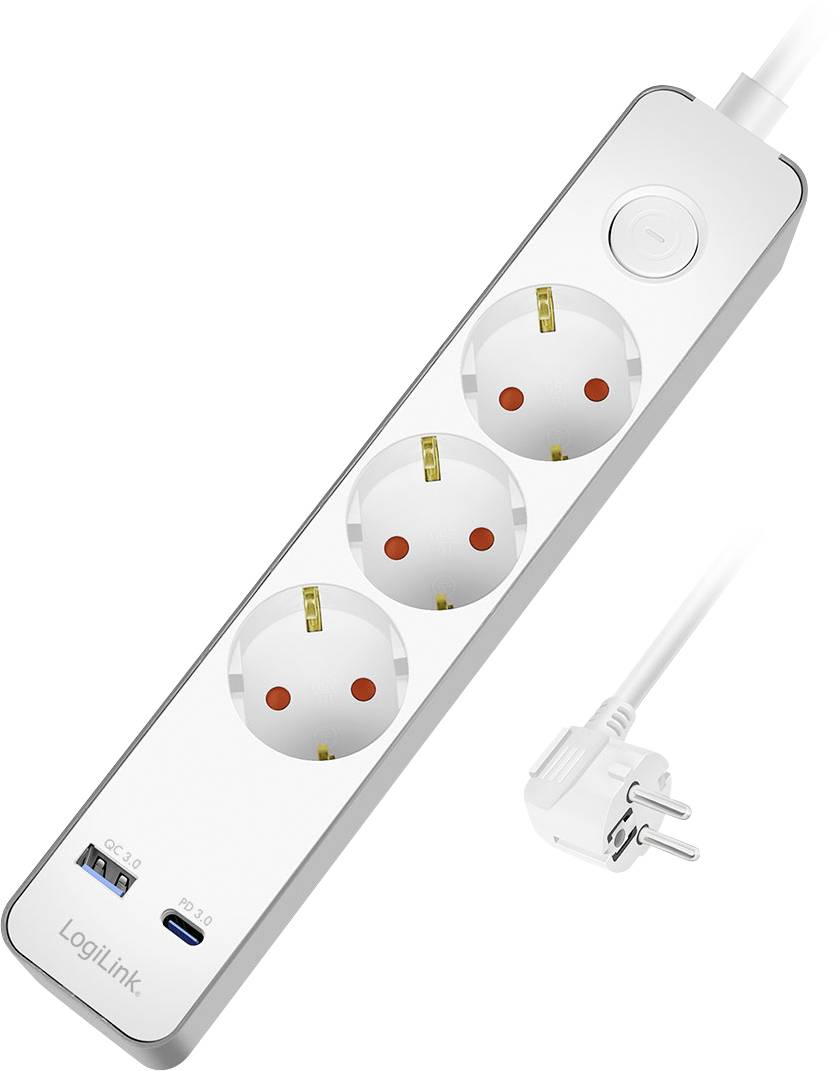 Una ciabatta bianca con tre prese elettriche europee, una porta USB-C, una porta USB-A e un pulsante di accensione, con l'etichetta 'LogiLink'.