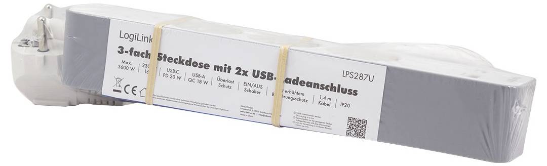 Multipresa 'LogiLink', 3 prese elettriche, 2 porte USB, classificazione IP20, potenza massima 3680W, protetta da un involucro di plastica e fissata con fascette elastiche.