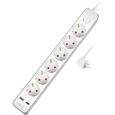 Una presa multipla bianca con sei prese elettriche, porte USB e un cavo collegato dotato di spina.