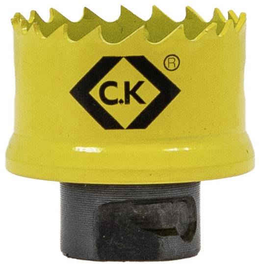 Un seghetto a tazza giallo della marca C.K tools con denti seghettati e base nera, utilizzato per tagliare fori circolari in materiali come legno o metallo.