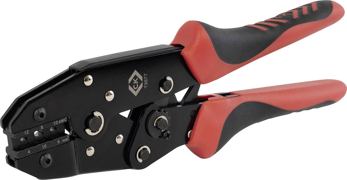 Un attrezzo per crimpar con mascelle di metallo scuro e manici rossi, utilizzato per unire materiali deformandoli in modo che aderiscano saldamente.