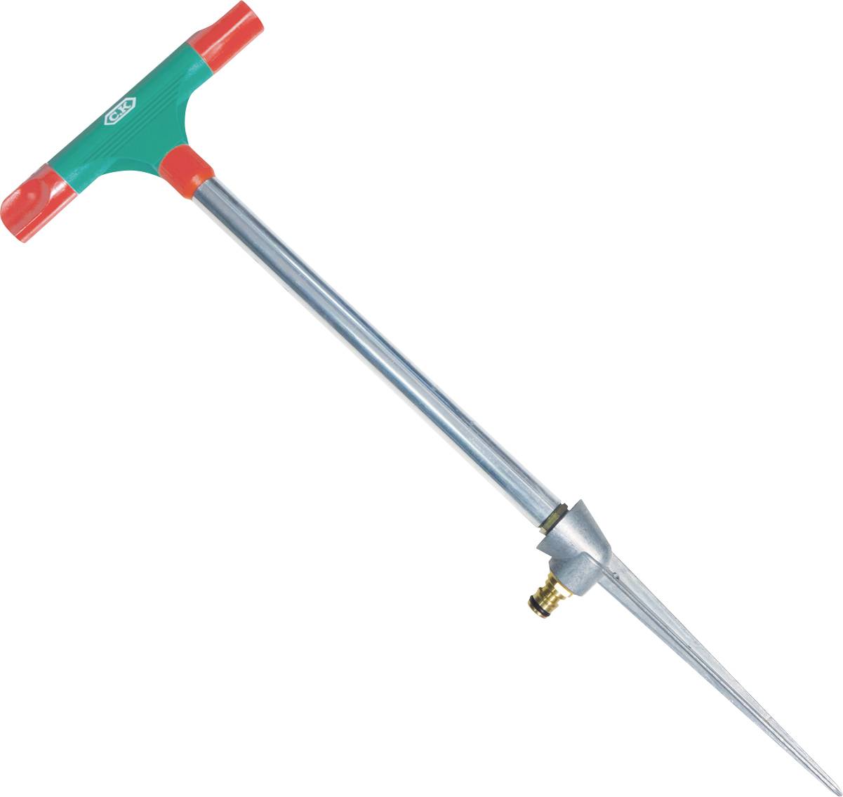Un aeratore per giardino a forma di T con manico verde e connettore in ottone per l'attacco dell'acqua.