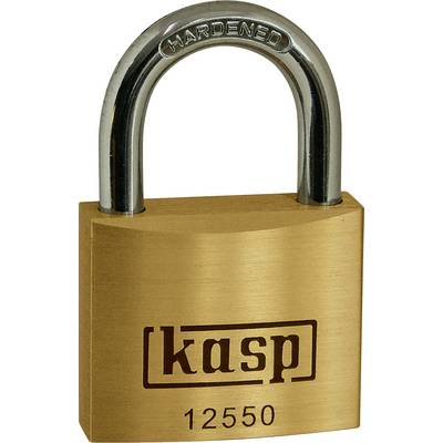 Un lucchetto di ottone con un ardiglione cromato inciso con la parola 'HARDENED'. Il corpo è etichettato 'kasp 12550'.