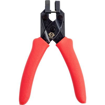 Utensile per spellare fili con manico rosso e ganasce in metallo nero, progettato per rimuovere l'isolamento dai fili elettrici.