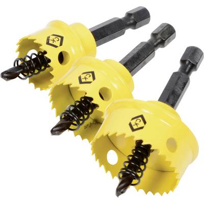 Tre punte da trapano a foro giallo con codoli esagonali neri, ciascuna dotata di una molla e denti della sega, disposte su uno sfondo bianco.