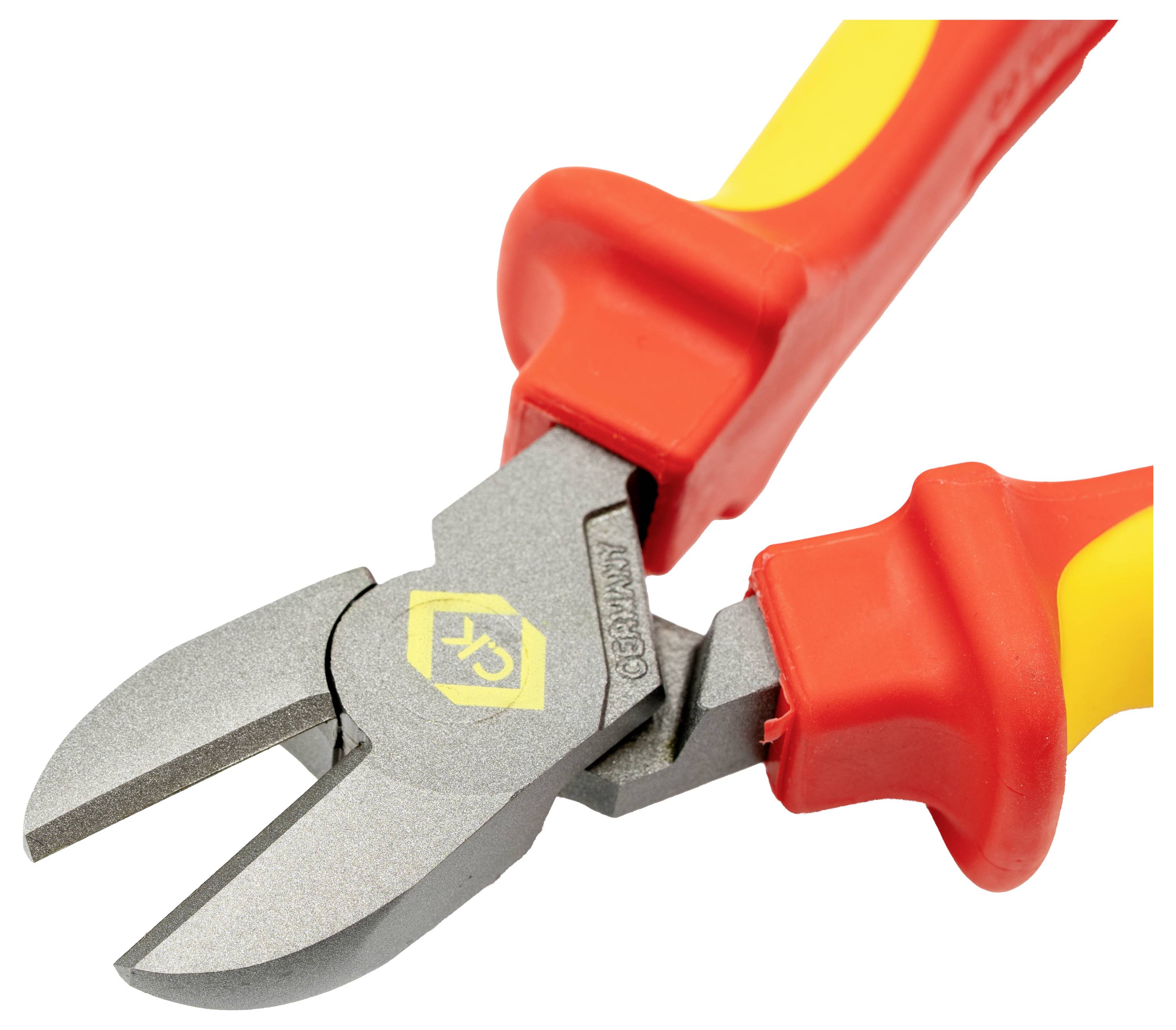 Pinze tronchesi diagonali rosse e gialle con mascelle in metallo grigio, utilizzate per tagliare fili.
