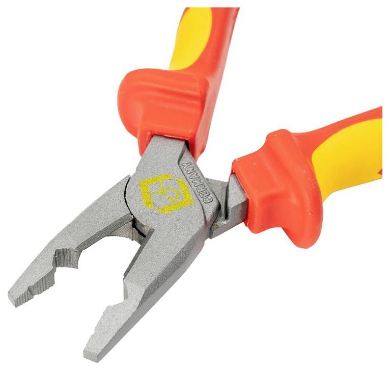 Pinze con manico rosso e giallo e testa metallica, progettate per afferrare e tagliare.