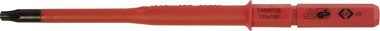 Una sonda di prova elettrica isolata rossa con punta nera, contrassegnata con simboli di sicurezza e valori nominali di tensione.