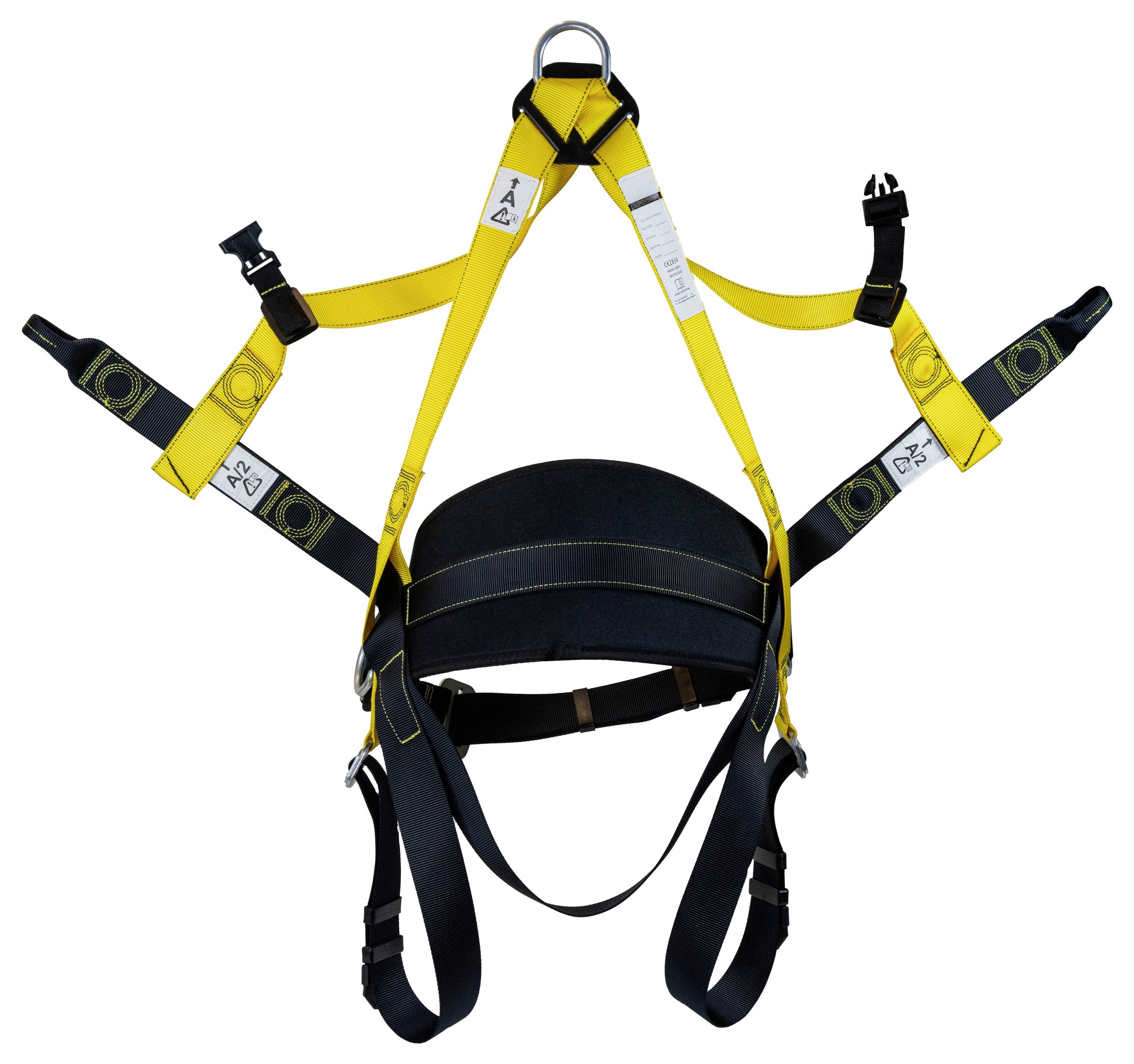 Un'imbracatura di sicurezza gialla e nera con più cinghie e fibbie regolabili, progettata per un ancoraggio sicuro durante i lavori in quota.