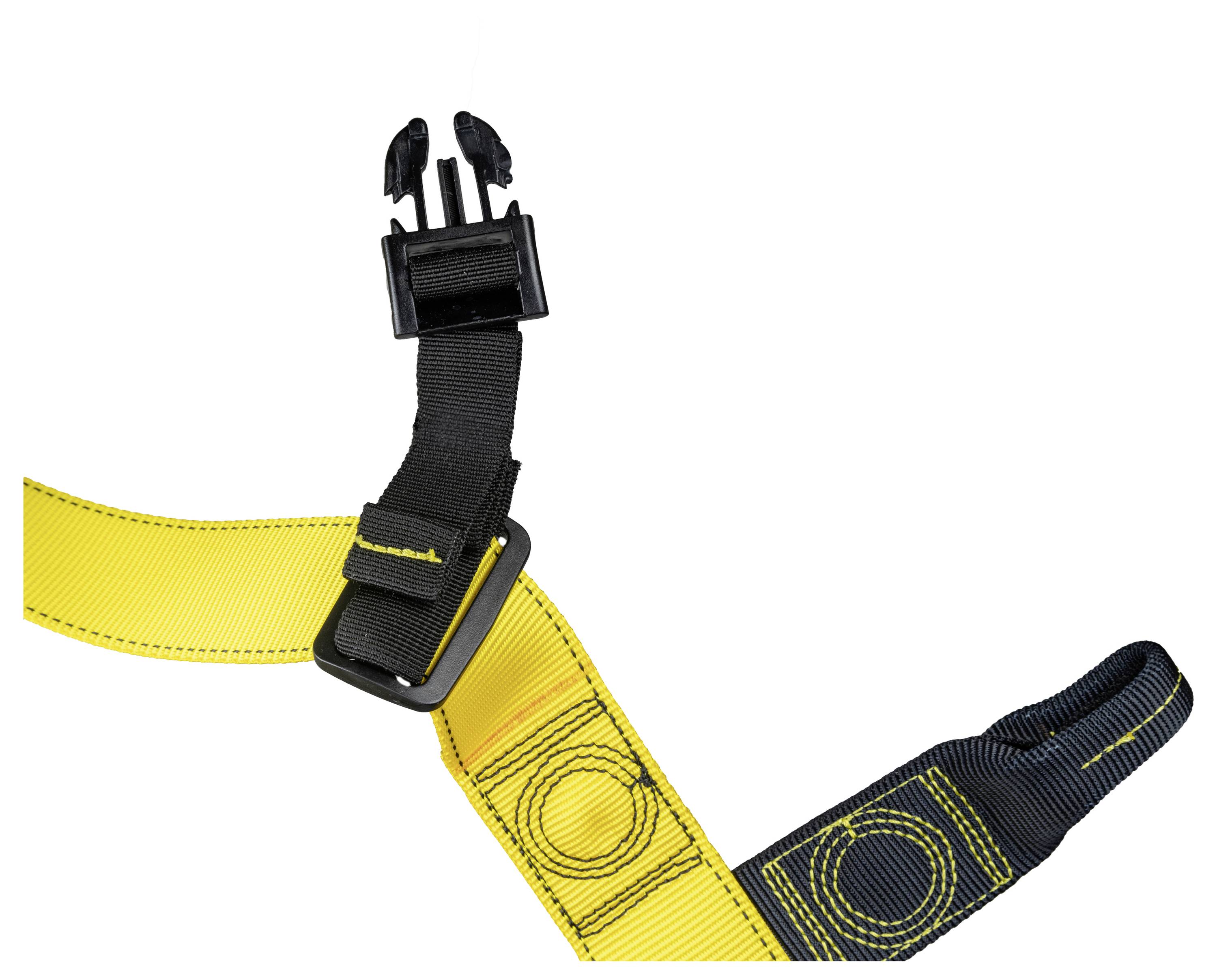 Cintura di sicurezza gialla e nera con fibbia, mostrata slacciata su uno sfondo bianco. Il design presenta motivi circolari cuciti.