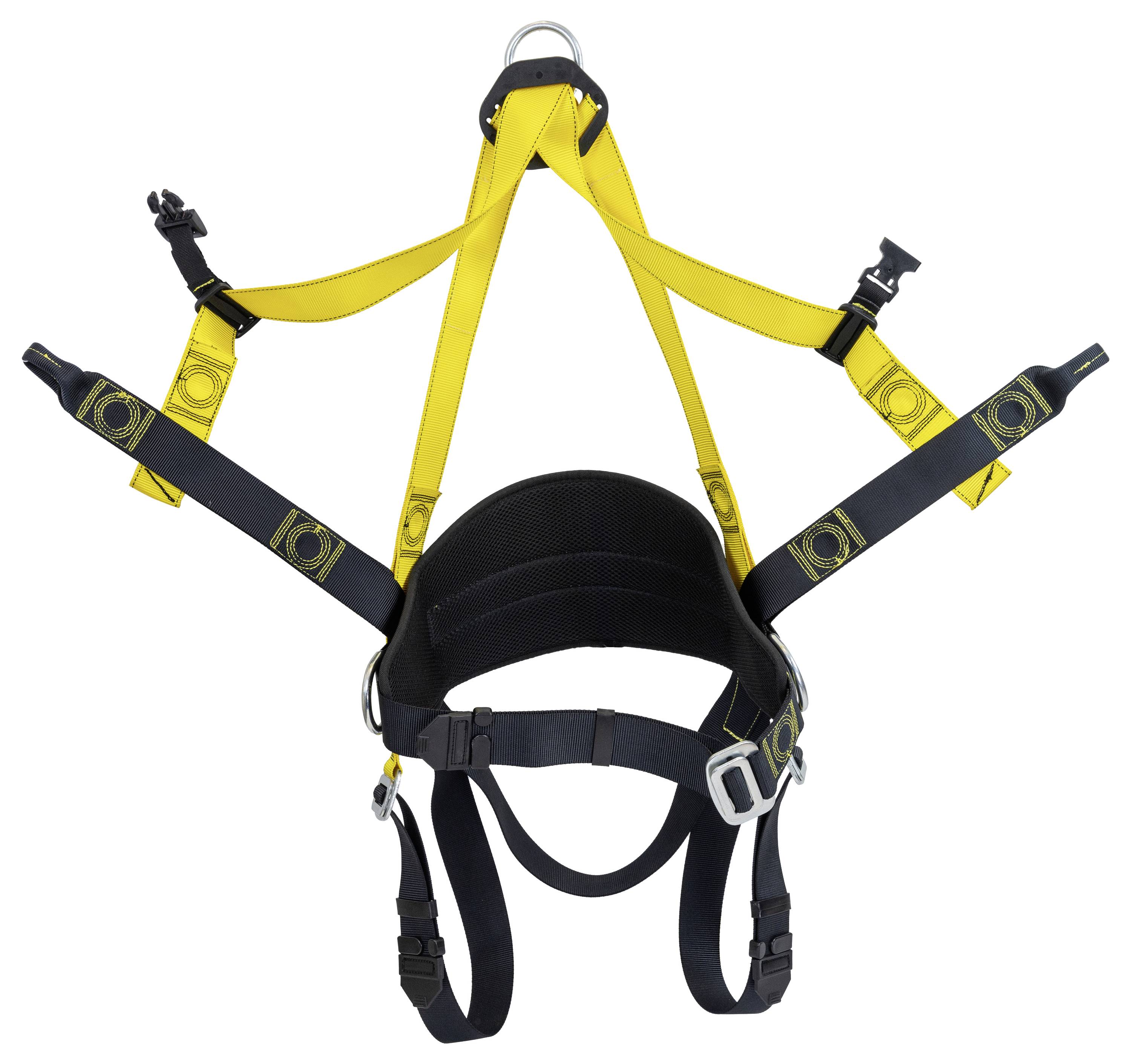 Imbracatura di sicurezza con cinghie gialle e imbottitura nera, progettata per la protezione contro le cadute, con diversi punti di regolazione e fibbie metalliche.