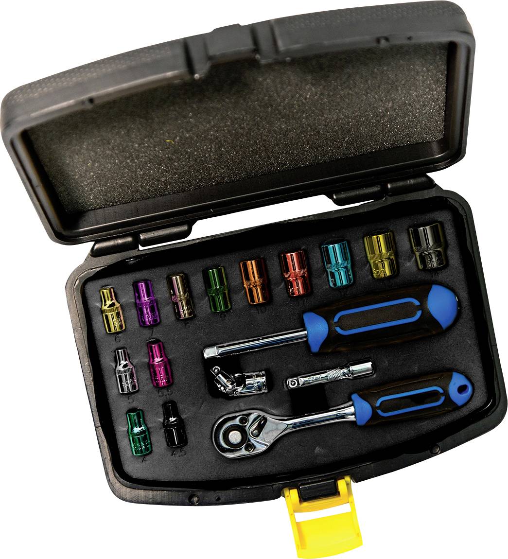 Un kit di attrezzi compatto che mostra vari inserti colorati, una chiave a cricchetto e un cacciavite con manici blu, all'interno di un contenitore nero.