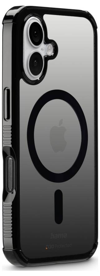 Custodia per telefono trasparente con compatibilità MagSafe per l'aggancio del dispositivo. Bordo nero e contorno circolare MagSafe visibile al centro.