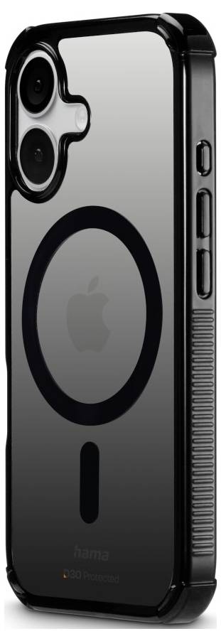 Un elegante custodia per smartphone con anello MagSafe e doppio taglio per fotocamera, che presenta lati con texture antiscivolo e finitura lucida nero.