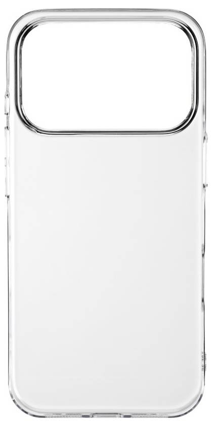 Custodia per telefono trasparente in plastica con bordi arrotondati e ampio taglio per la fotocamera nella parte superiore.