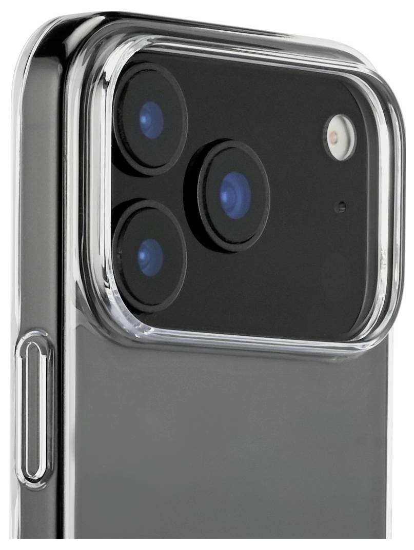Primo piano del sistema di telecamere posteriori triplo di uno smartphone con flash, racchiuso in una custodia protettiva trasparente.
