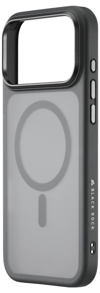 Un custodia per telefono elegante con un ampio taglio rettangolare per la fotocamera, tasti sul lato e il marchio 'Black Rock' stampato vicino alla base.