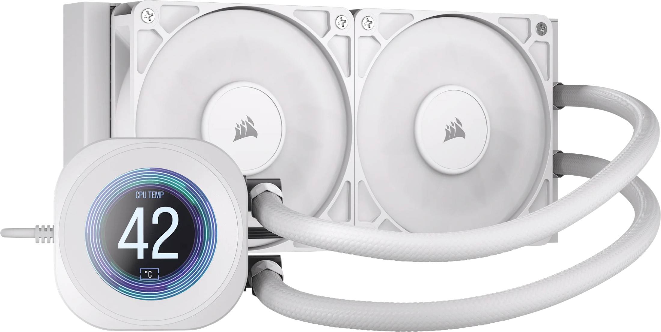 Un dissipatore di calore per CPU bianco con doppia ventola, che mostra un display con la scritta 'TEMP CPU 42'. I tubi sono collegati, indicando un raffreddamento attivo.