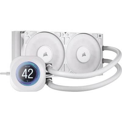 Un dissipatore di calore per CPU bianco con doppia ventola, che mostra un display con la scritta 'TEMP CPU 42'. I tubi sono collegati, indicando un raffreddamento attivo.