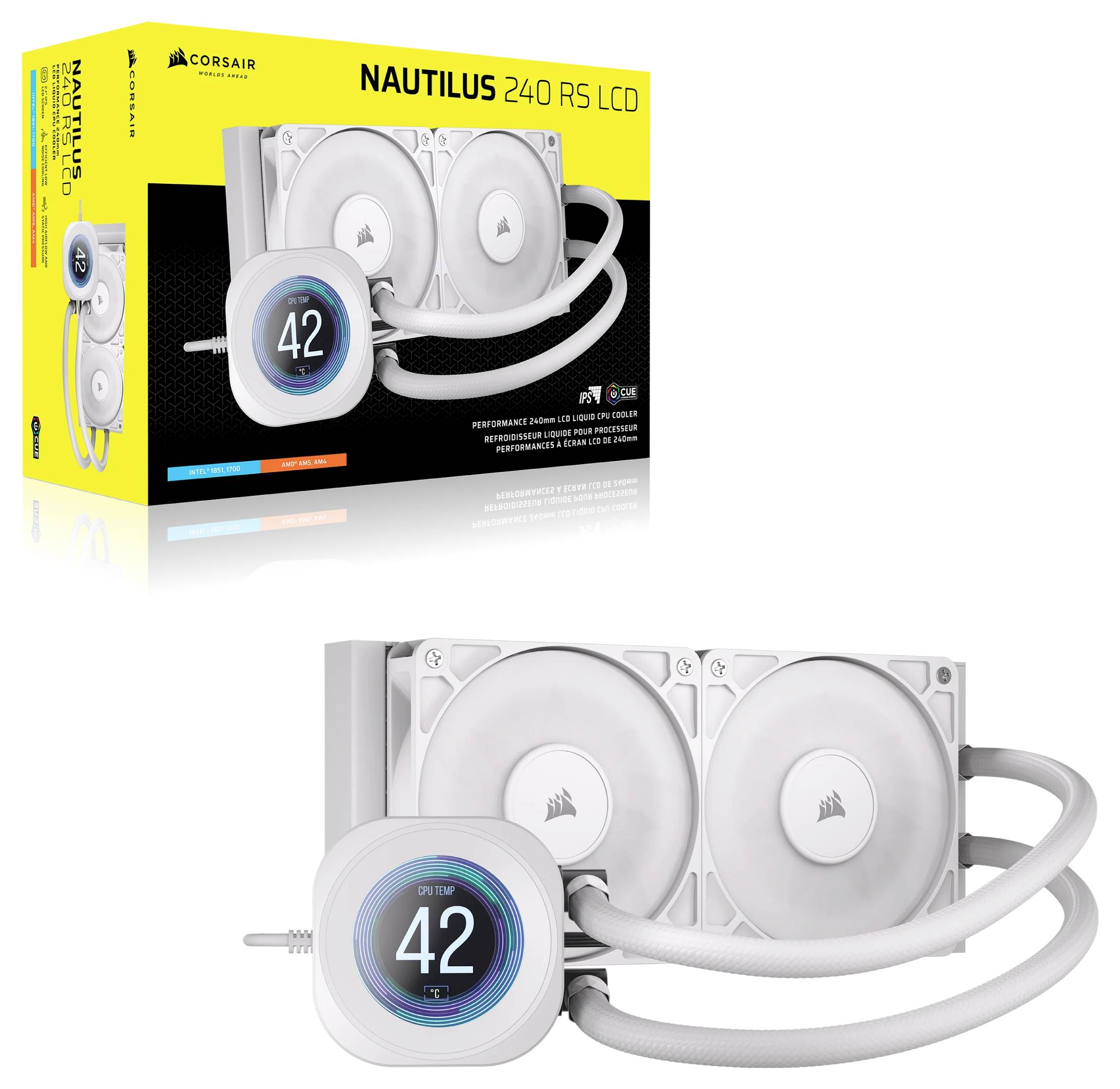 Sistema di raffreddamento Corsair Nautilus 240 RS LCD, mostrato con la confezione. Presenta due ventole di raffreddamento e un display digitale che mostra '42'.