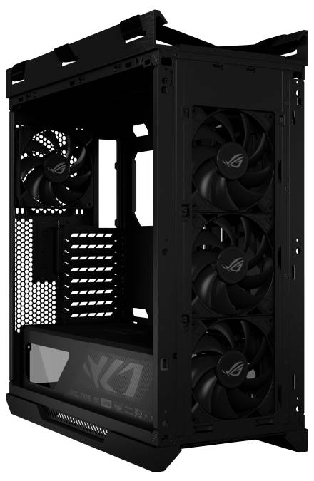 Un case nero per computer con più ventole di raffreddamento e un pannello laterale trasparente, progettato per configurazioni high-performance o da gaming.