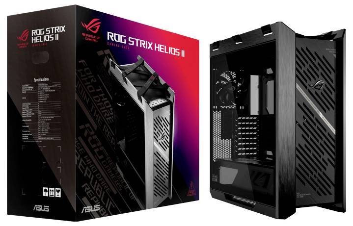 Case 'ASUS ROG Strix Helios II' visualizzato sulla confezione e mostrato con lato trasparente, che evidenzia il layout interno e il design del flusso d'aria.