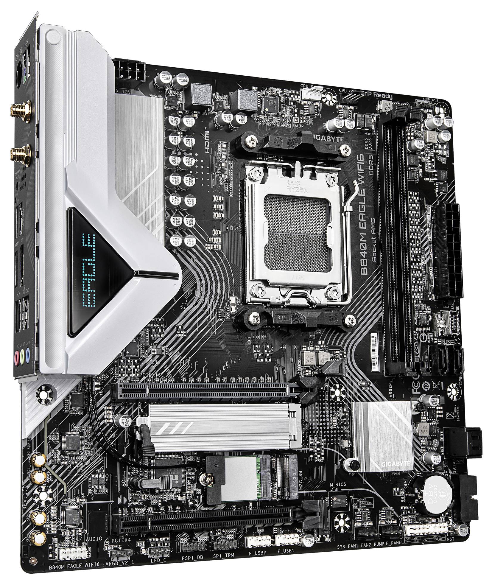 Una scheda madre del computer che mostra vari componenti tra cui slot, porte e un socket centrale e in evidenza nel suo design.