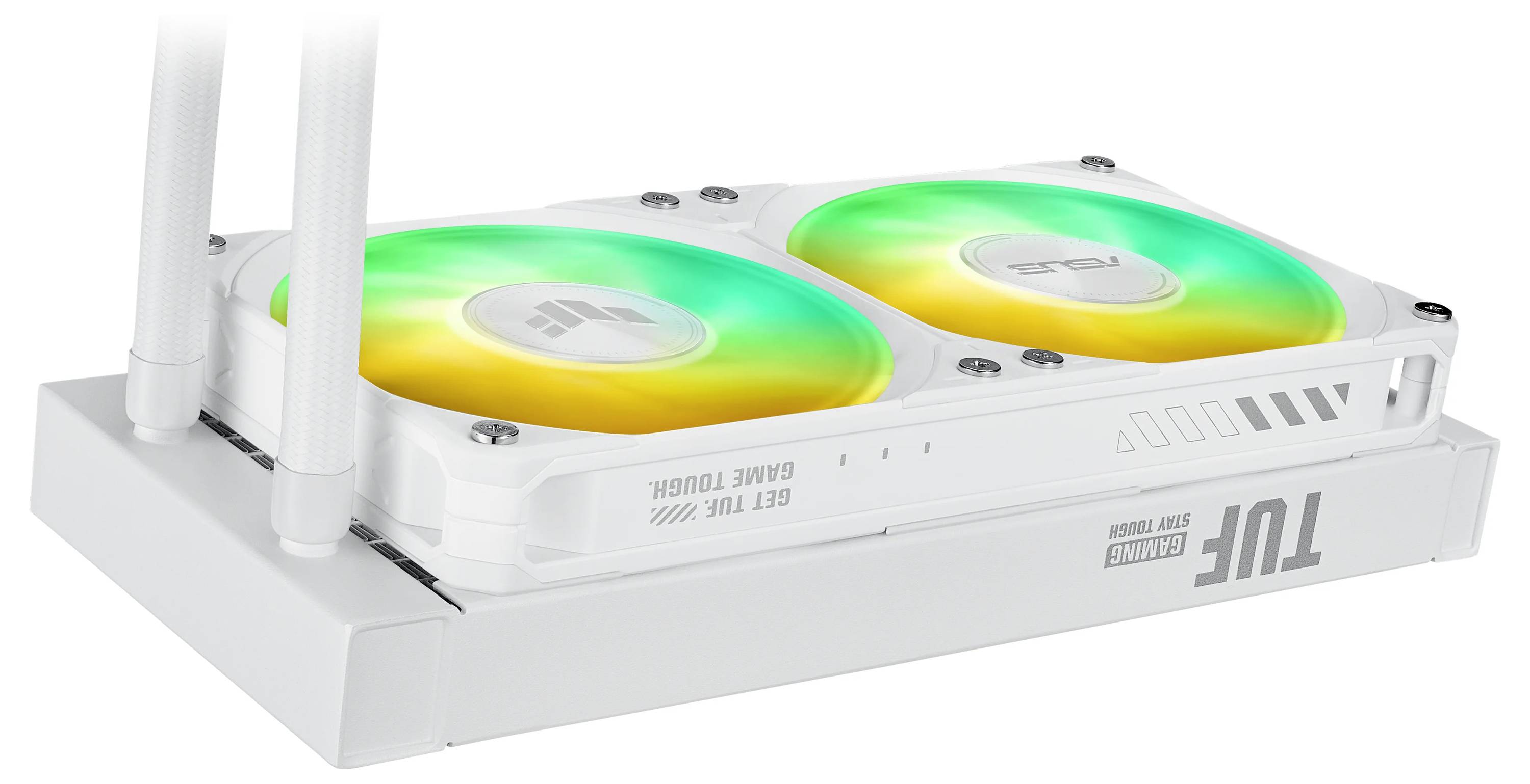 Sistema di raffreddamento per computer bianco con due ventole LED che emettono luce verde e gialla. L'unità ha il testo 'TUF Gaming' sul lato.