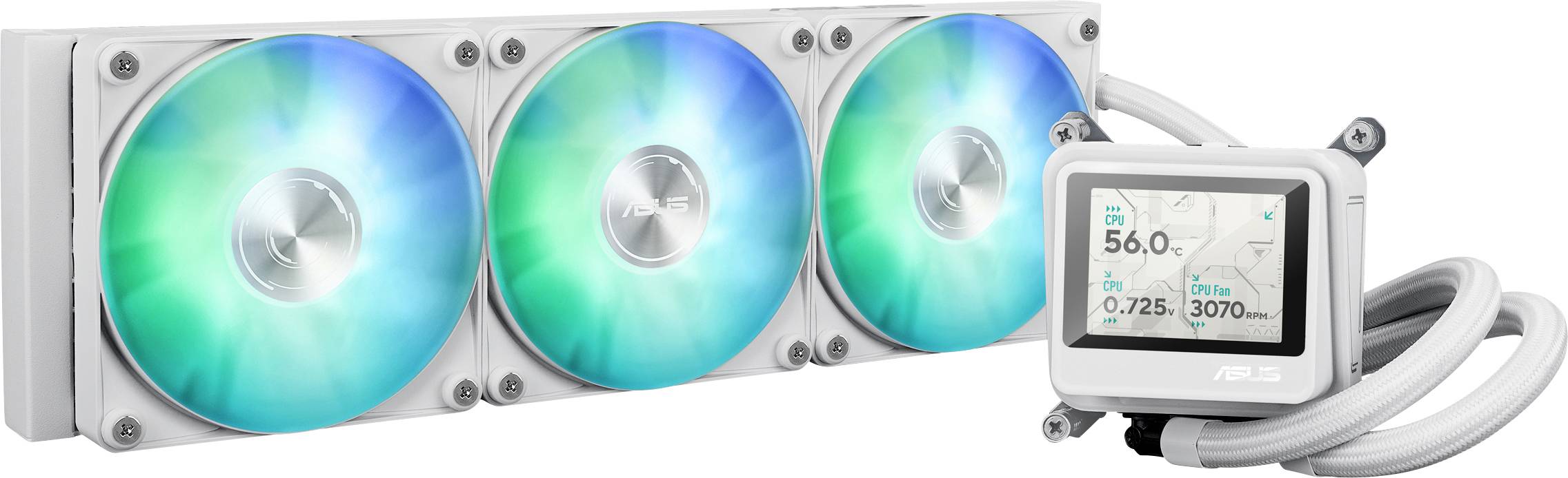 Un sistema di raffreddamento per computer bianco con tre ventole RGB e un display digitale che mostra temperatura, velocità delle ventole e metriche delle prestazioni della pompa.