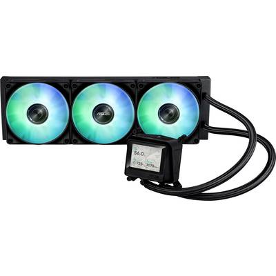 Un sistema di raffreddamento a liquido per computer con tre ventole illuminanti e un display che mostra la temperatura '56,0°C', la velocità della pompa '2725 giri/min' e la velocità delle ventole '1300 giri/min'.