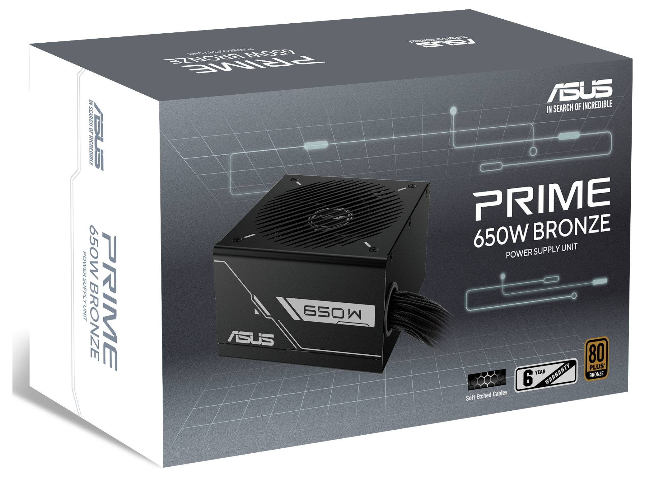 Unità di alimentazione con etichetta 'Prime 650W Bronze', con certificazione 80 Plus Bronze e design modulare dei cavi, su confezione personalizzata.