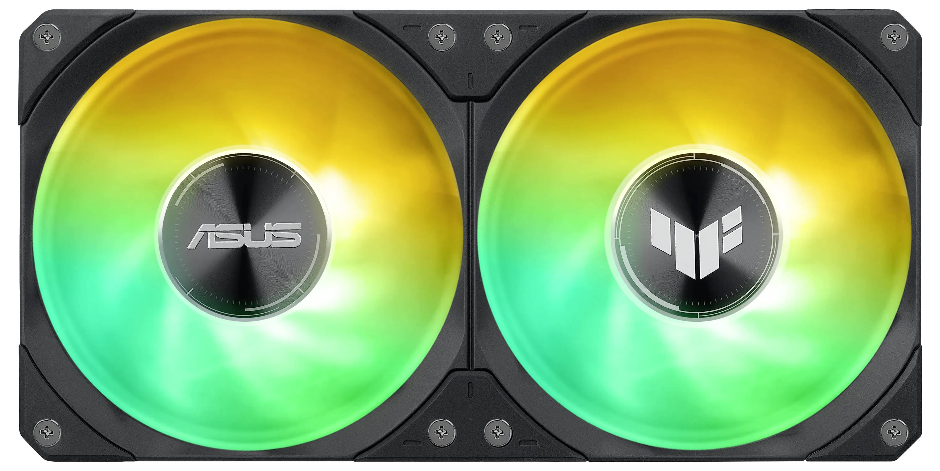 Un'unità di raffreddamento per computer con doppia ventola, dove una ventola emana una luce gialla e l'altra verde, ciascuna con un logo al centro.